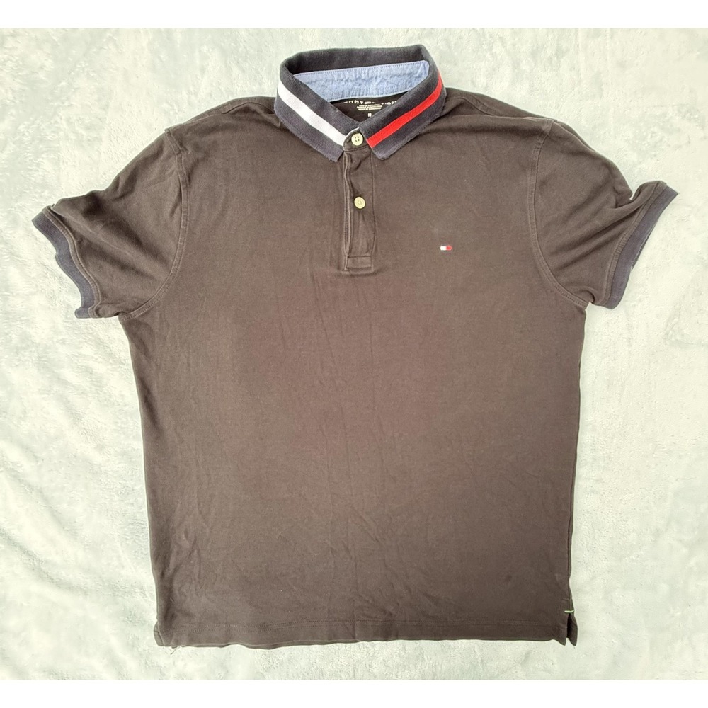 Tommy Hilfiger Polo Shirt Mens Medium Brown Contrast Collar Short Sleeve Casual